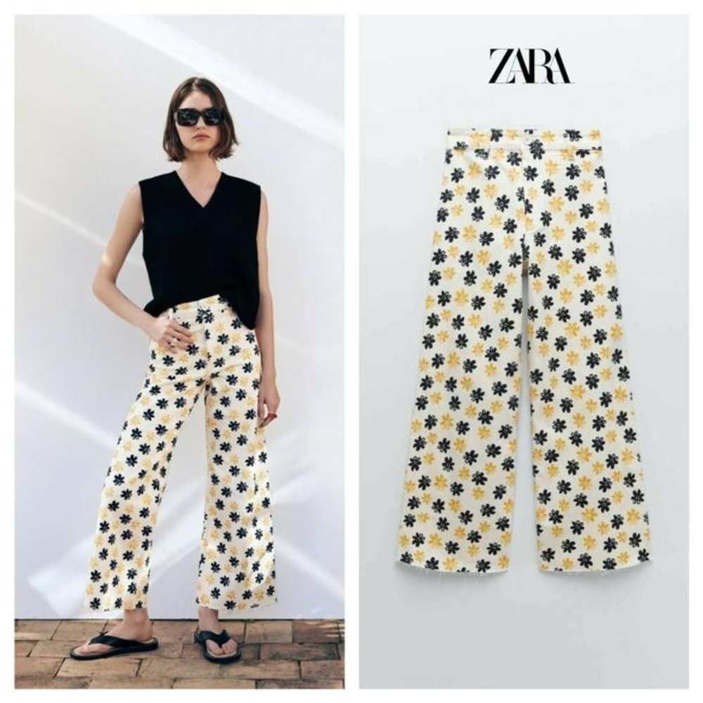 Zara Daisy Floral Marine Straight Denim Jeans